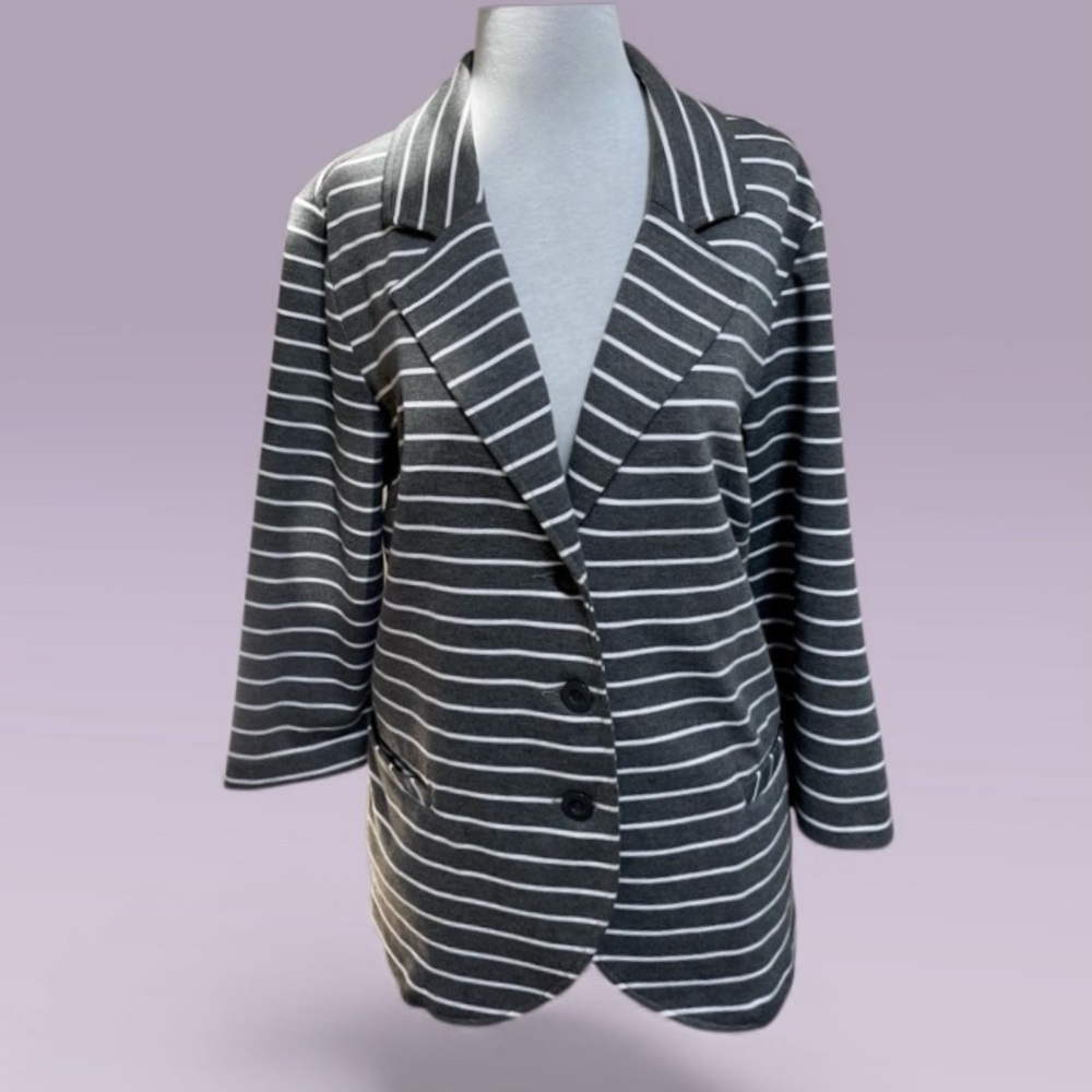 AE Sport Women’s Nautical Striped Blazer Size 14 Grey with White Stripes